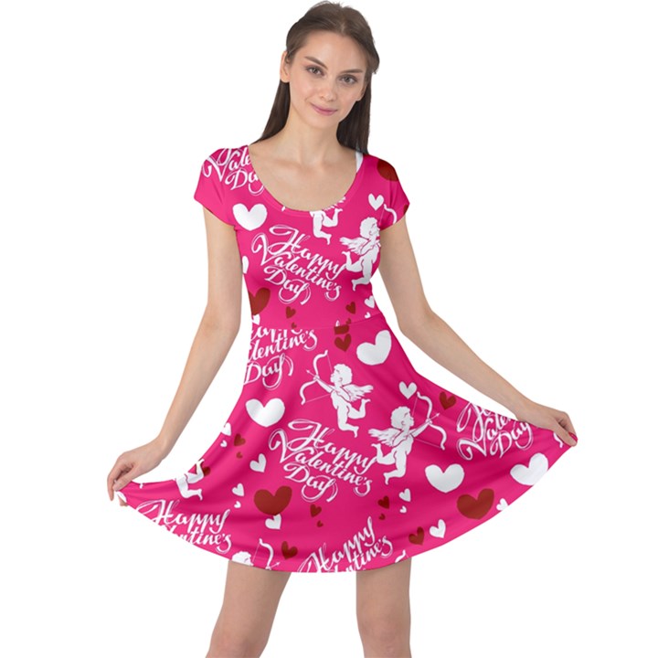 Pinky Angels Red Happy Valentines Pattern Cap Sleeve Dress