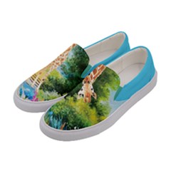 Sky Blue & Green Adorable Giraffe Design Womens Canvas Slip Ons by CoolDesigns
