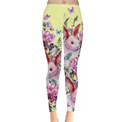 Vintage Flowers Rabbits Yellow Leggings  by CoolDesigns