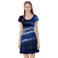 Star Dust Blue Royal Blue Fun Night Sky The Moon And Stars Short Sleeve Skater Dress