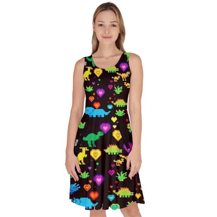 Game Of Dino Black Dinosaur Knee Length Skater Dress With Pockets