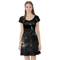 Very Dark Space Royal Blue Fun Night Sky The Moon And Stars Short Sleeve Skater Dress by CoolDesigns