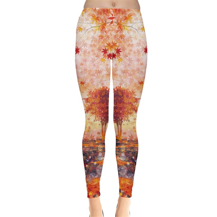 Elegant Fashion Light Tan Autumn Leaves Fall Leggings 