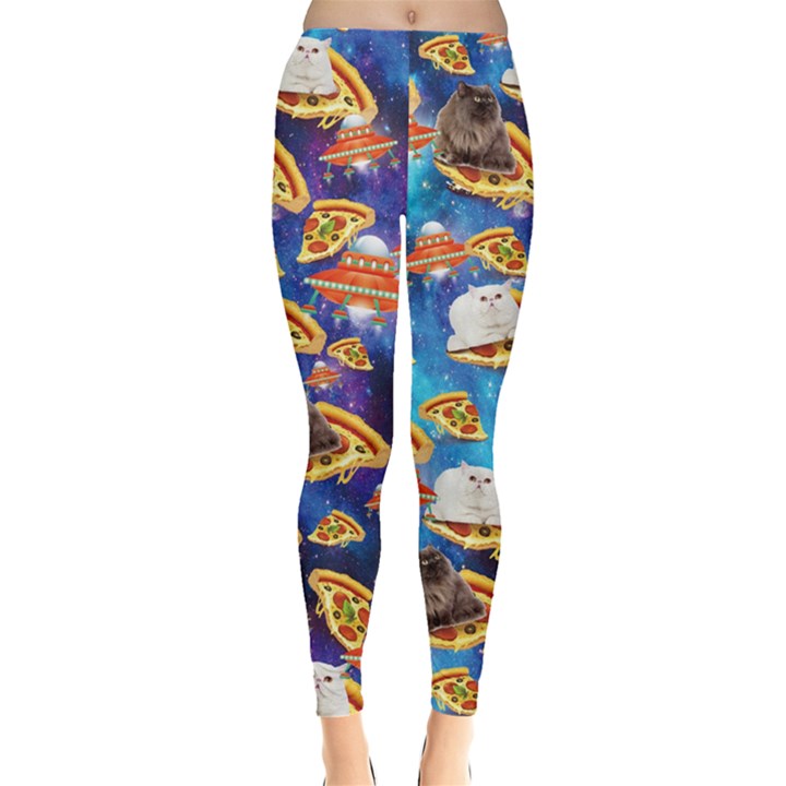 Space Galaxy Steel Blue Cats on Pizza Leggings 