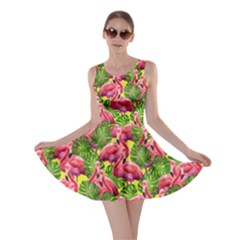 Tropical Green Aqua Flamingo Bird Pattern Skater Dress