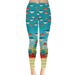 Puffer Fish Blue Red Watercolor Dolphins Pattern Leggings