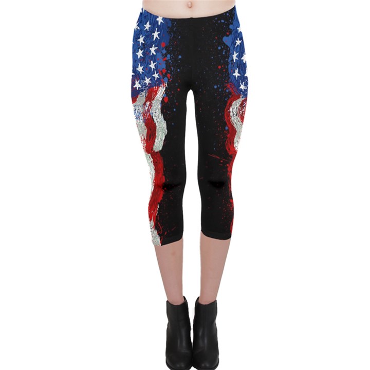 Vintage Black American Flag Print Capri Leggings 