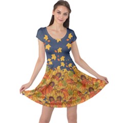 Dark Steel Blue Pumpkins Orange Fallen Autumn Leaves Cap Sleeve Dress by CoolDesigns