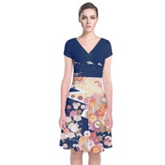Blossom Dark Blue Japanese Style Cherry Blossom Short Sleeve Front Wrap Dress by CoolDesigns