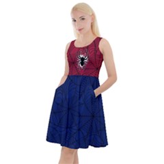 Spider Webs Dark Blue & Red Halloween Knee Length Skater Dress With Pockets