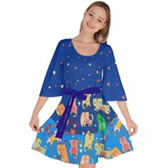 Kitty Cats Blue Hearts Print Velour Kimono Dress