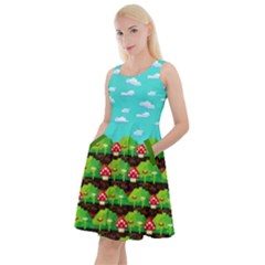 Mushroom Woodland Aqua Pixelated Cartoon Knee Length Skater Dress With Pockets