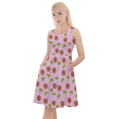 Pink Pattern Mushroom And Flowers Knee Length Skater Dress With Pockets by CoolDesigns