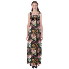 Black Skull And Flowers Pattern Empire Waist Maxi Dress