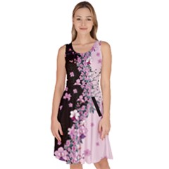 Floral Orchids Yin Yang Black & Plum Knee Length Skater Dress With Pockets