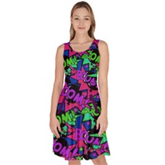 Pop Art Cool Boom Blue & Purple Knee Length Skater Dress With Pockets