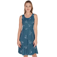 Teal Tyrannosaurus Dinosaur Doodle Knee Length Skater Dress With Pockets  by CoolDesigns