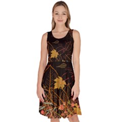 Black Fall Autumn Leaves Shadow Pattern Knee Length Skater Dress With Pockets by CoolDesigns