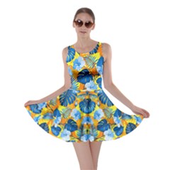 Yellow Blue Palm Red Pattern With Hibiscus Flowers On Red  Skater Dress by CoolDesigns