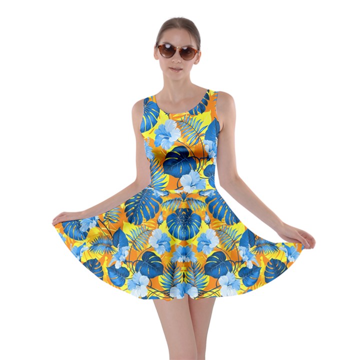 Yellow Blue Palm Red Pattern with Hibiscus Flowers on Red  Skater Dress