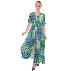 Hawaii Monstera Leaf Cadet Blue Tropical Tie Boho Maxi Dress by CoolDesigns