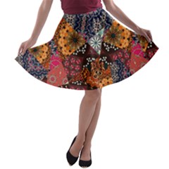 Aztec Collage Patchwork Dark Colorful A-line Skater Skirt by CoolDesigns