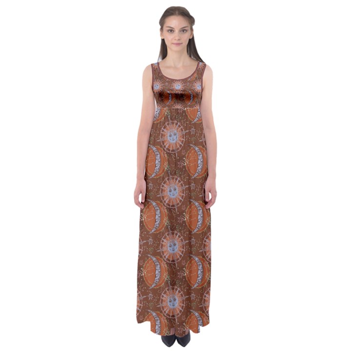 Brown Composition with Sun and Moon Empire Waist Maxi Dress