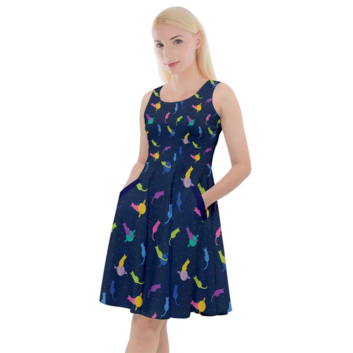 Dark Blue Space Cats Saturn and Stars Knee Length Skater Dress With Pockets 
