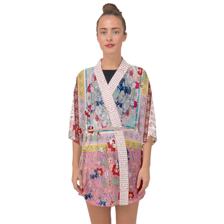 Vintage Horse Floral Pink Patchwork Half Sleeve Chiffon Kimono