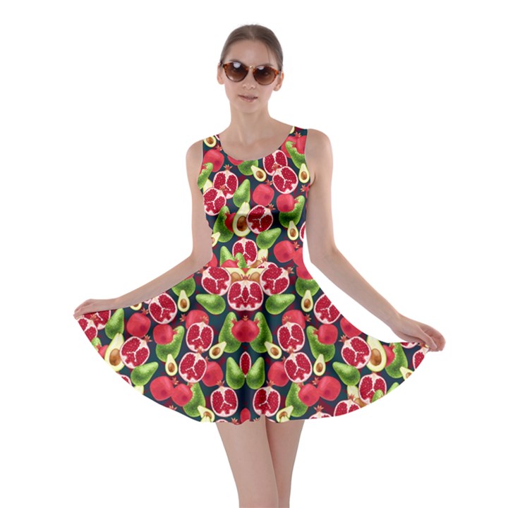 Avocado Pomegranate Red Pattern With Strawberries Graphic Stylized Drawing Skater Dress