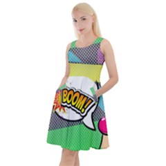 Yellow & Green Boom Pop Art Knee Length Skater Dress With Pockets