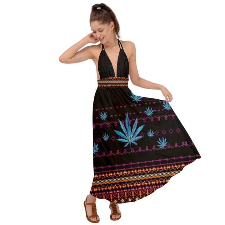 Mexico Marijuana Black Marijuana Badges Backless Maxi Beach Dress