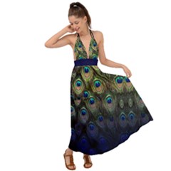 Elegant Peacock Blue Pattern Backless Maxi Beach Dress