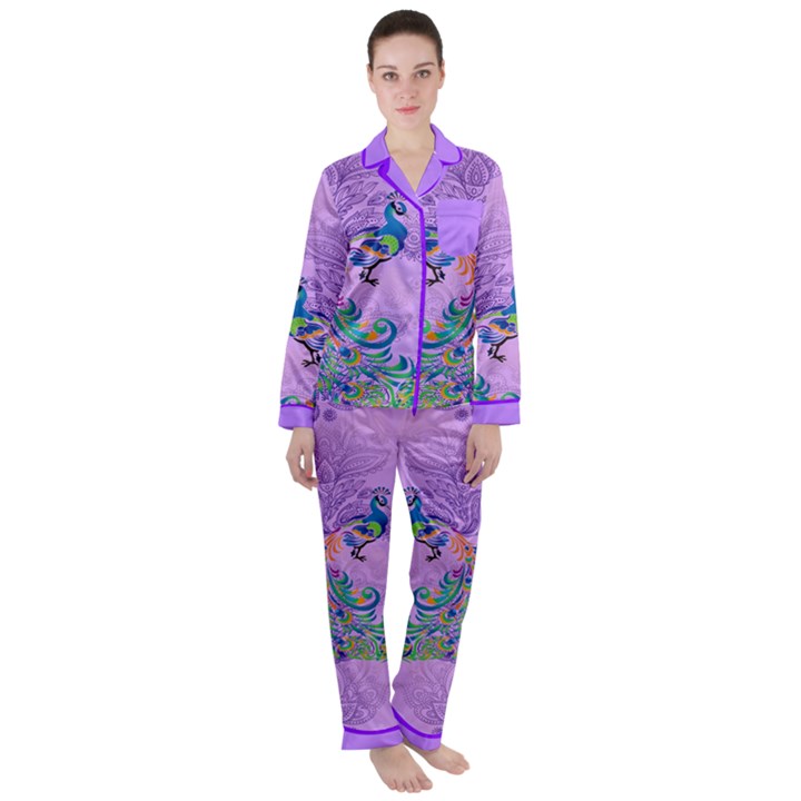 Peacock Violet Vintage Aztec Satin Long Sleeve Pyjamas Set