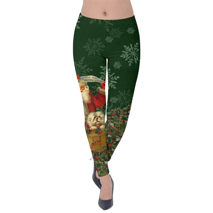 Dark Green Santa Red Snowing Velvet Leggings