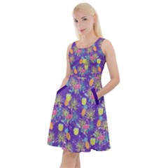 Flamingo Pineapple Feather Blue Violet  Flamingo Knee Length Skater Dress With Pockets by CoolDesigns