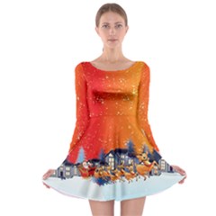 Orange Gradient Santa Xmas City Double Sided Long Sleeve Skater Dress by CoolDesigns