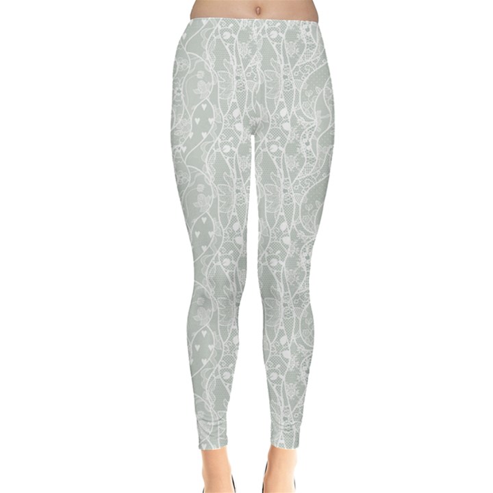 Gray Lace Pattern With Flowers On Blue Leggings