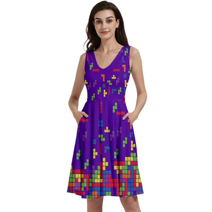 Pixelated Puzzle Print Indigo Sleeveless V-neck skater dress