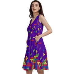 Pixelated Puzzle Print Indigo Sleeveless V-neck Skater Dress