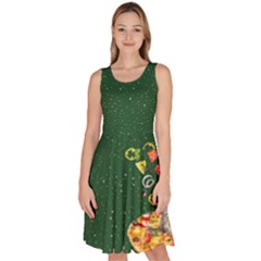 Green Dots Pizza Funny Kitty Cat Print Knee Length Skater Dress With Pockets