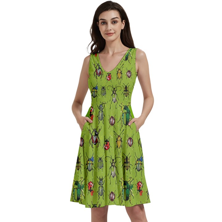 Neon Green Watercolor Beetles Sleeveless V-neck skater dress 