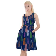 Pineapple Dark Blue Knee Length Skater Dress With Pockets by CoolDesigns