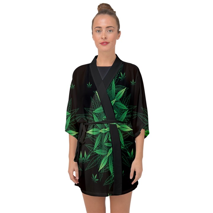 Marijuana Leaves Dark Green Half Sleeve Chiffon Kimono