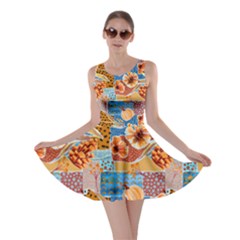 Autumn Orange Mix Patchwork Pumpkin Blue Skater Dress