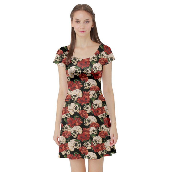 Brown Skull and Flowers Day of the Dead Vintage Short Sleeve Skater Dress