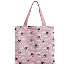 Cute Pug Sky Light Pink Zipper Grocery Tote Bag