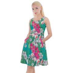 Hawaii Hibiscus Aquamarine Tropical Flowers Knee Length Skater Dress With Pockets by CoolDesigns