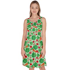 Light Green & Teal Vegetable Pattern Knee Length Skater Dress With Pockets 