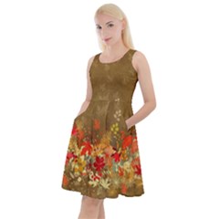 Olive Autumn Leaves Warm Leaf Knee Length Skater Dress With Pockets by CoolDesigns